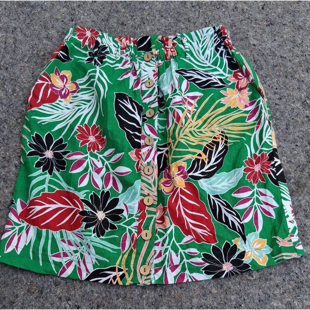 Cynthia Rowley womens small green skirt 100% linen knee length floral tropical - Picture 1 of 8